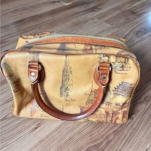 Yellow Travel-Print Satchel with Brown Trim